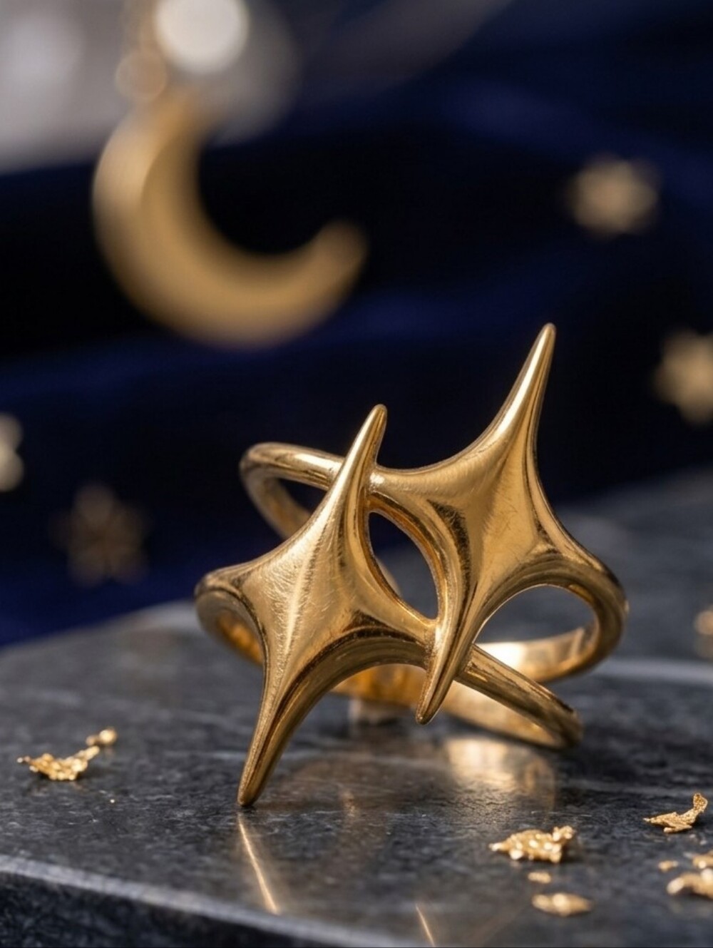 18K Gold Plated Whimsigoth Starburst Sculptural Open Ring Dark Romance Adj 7-9